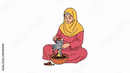 A person in a hijab uses a manual grinder to process nuts into a bowl
