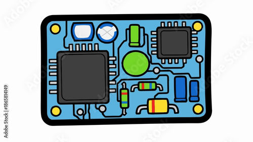 A simplified blue circuit board with black outlines, featuring chips, resistors, and capacitors