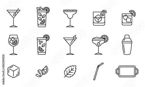 Black outline cocktail and bar icons set featuring various drinks, glassware, a shaker, ice cube, and garnishes in a minimalist vector illustration style for beverage concepts