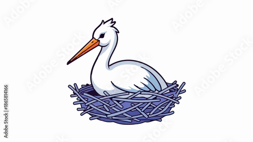 A cartoon white bird with a long orange beak rests in its nest