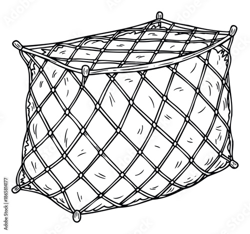 Simple black line drawing of a rectangular shaped utility net with a crisscross grid pattern and sturdy corner supports, perfect for illustrating sports equipment, marine themes, or storage