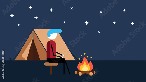 A person sits by a campfire under a starry night sky next to a tent, enjoying the great outdoors and tranquil evening