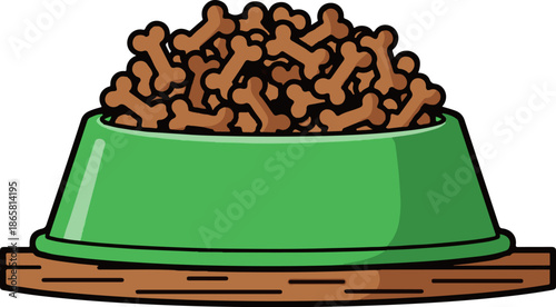 A green bowl overflows with bone-shaped treats, resting on a wooden surface