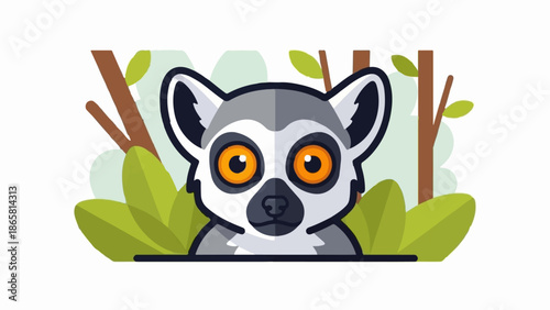 Adorable cartoon ring-tailed lemur peeking from behind lush green foliage and trees
