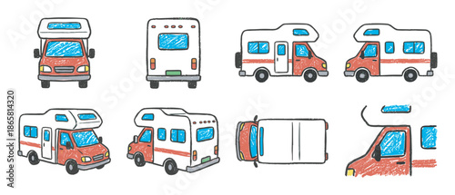 Hand drawn camper van illustrations set showing multiple views including front, back, side, and top in a cute, textured doodle style for travel and vacation concepts