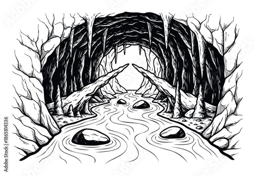 Discover a hidden underground river flowing through a deep cavern featuring captivating stalactites and impressive rock formations, perfect for roleplaying game maps or wilderness