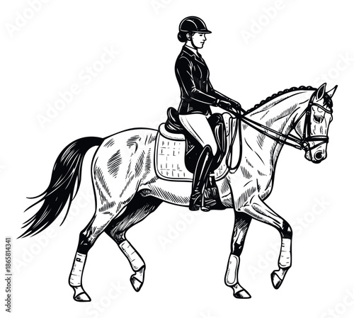 Dynamic black and white etching of a woman expertly riding her horse, ideal for competitive equestrian event advertising, riding school brochures, and animal sport publications.