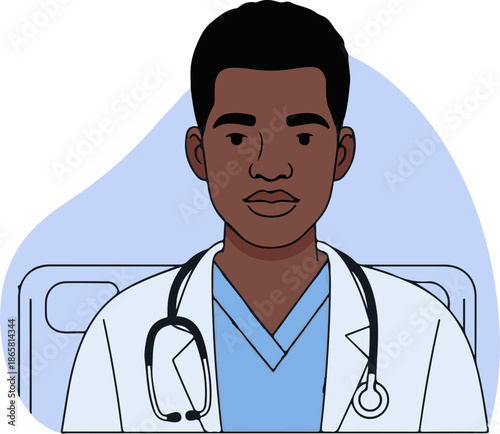 A cartoon illustration of a Black male doctor wearing a white coat and stethoscope