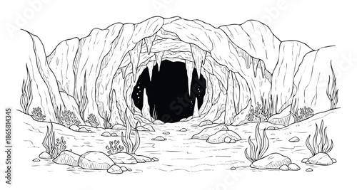 Submerged grotto entrance featuring intricate rock formations and flowing seaweed ideal for adventure game assets, nature exploration themes, or captivating storytelling visuals