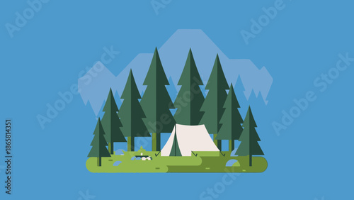 Flat design illustration depicting a serene outdoor camping scene nestled among tall pine trees, perfect for a relaxing nature escape and adventurous wilderness getaway