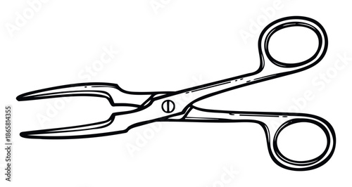 Precise black line drawing of medical hemostat or surgical forceps widely used for professional healthcare presentations educational materials and laboratory equipment documentation