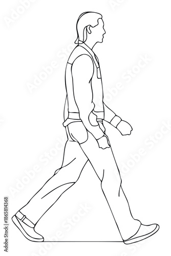 Simplified line drawing of a man walking purposefully in profile, ideal for minimalist visuals, architectural presentations, or general visual communication projects requiring a clear human
