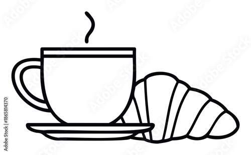 Minimalist line drawing of a steaming hot coffee cup on a saucer next to a freshly baked croissant perfect for cafe menus bakery branding or morning breakfast themes.
