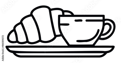 Commercial graphic presenting a delightful morning combination of a flaky croissant and a steaming hot cup of coffee on a saucer ideal for cafe branding and culinary marketing