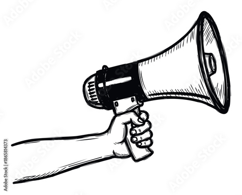 A powerful hand holding a megaphone ready to make an urgent announcement or call to action for public speaking, protest, or marketing campaigns.