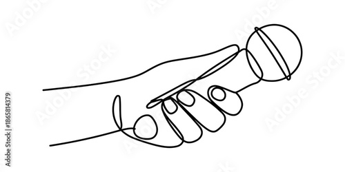 A continuous line drawing of a hand holding a microphone, symbolizing communication and performance