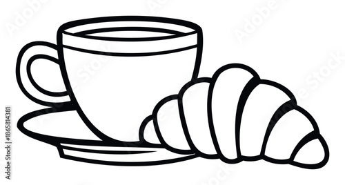 Simple black and white sketch illustrating a delicious continental breakfast with a steaming beverage in a mug beside a delicious crescent pastry perfect for culinary publications