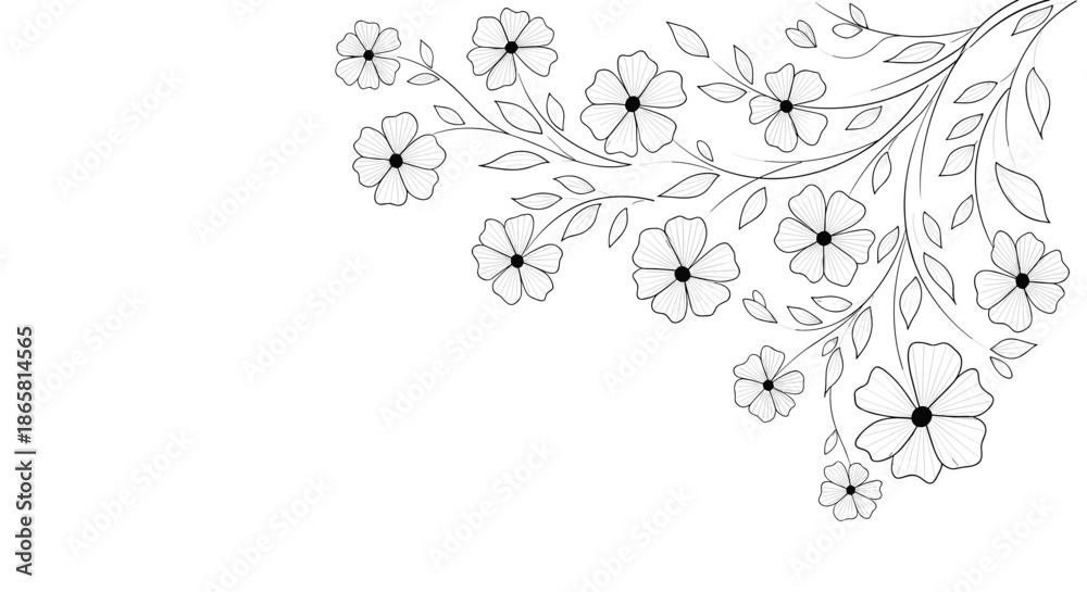 Obraz premium Delicate branch with hand drawn flowers and leaves grows from the upper right corner onto a clean white background.