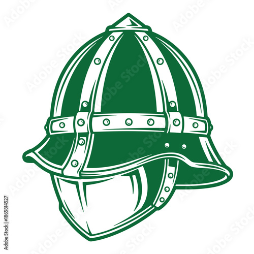 Green medieval knight helmet with metal rivets and straps  ancient armor headgear