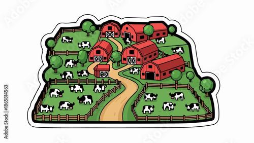 A cartoon illustration depicts a vibrant farm with red barns, green pastures, and scattered cows