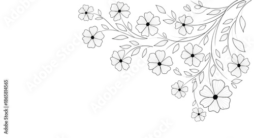Delicate branch with hand drawn flowers and leaves grows from the upper right corner onto a clean white background.