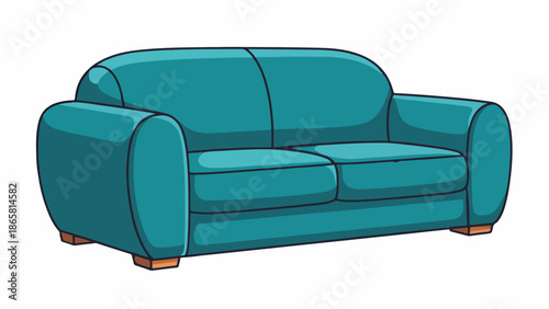 A cartoon-style illustration of a comfortable teal sofa with rounded arms and plush cushions, resting on short wooden legs