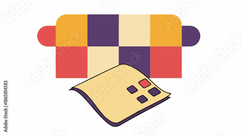 A colorful checkered pattern adorns a cushioned surface, with a folded item below