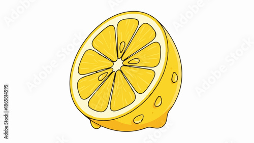 A bright yellow, cartoon-style half lemon with visible seeds and segments