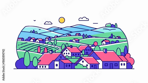 A colorful, stylized landscape featuring rolling hills, green fields, houses, trees, a sun, and clouds