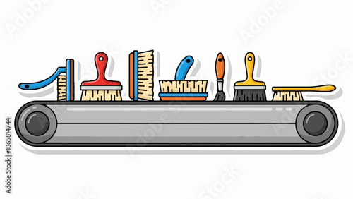 Assortment of cleaning brushes displayed on a conveyor belt