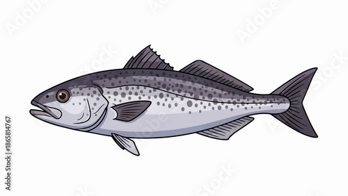 A gray, speckled fish with a large tail fin and dorsal fins, depicted swimming to the left