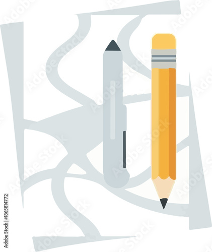 A gray stylus and a yellow pencil rest on a light background with abstract lines