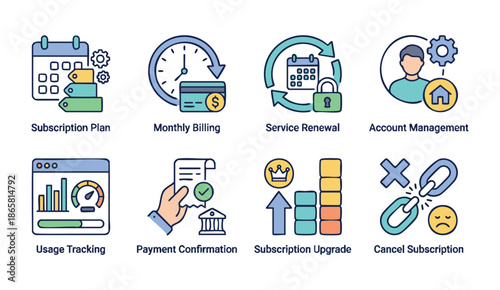 Subscription service management icons for business and technology