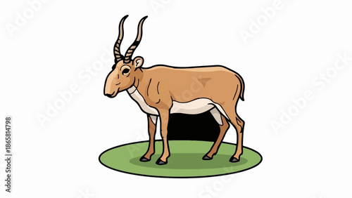 A cartoon of a saiga antelope with distinctive curved horns stands on a green oval