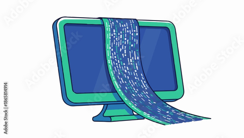 A digital stream of data flows from a stylized computer monitor