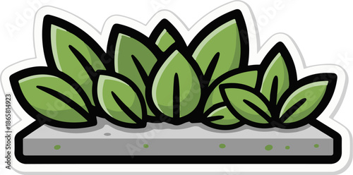 A cartoon illustration of a cluster of green leafy plants growing in a gray planter box