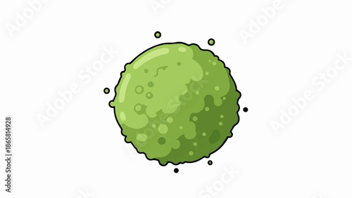 A green, textured sphere with small circular dots and a few detached circular elements