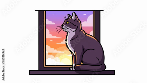 A grey cat with yellow eyes sits in a window, gazing at a vibrant sunset sky filled with clouds