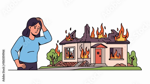 A distressed person watches their home engulfed in flames