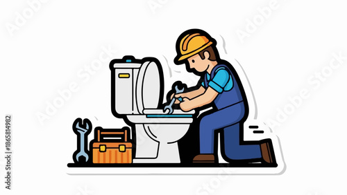 Cartoon worker fixing toilet
