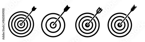 Target icon. Target with arrow icon set. Arrow hits the target. Archery target with arrow. Vector illustration