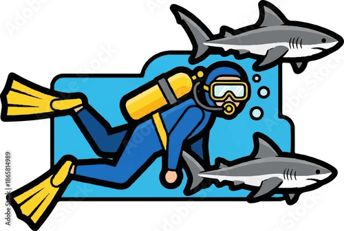 A diver in a blue suit and yellow fins swims near sharks in blue water