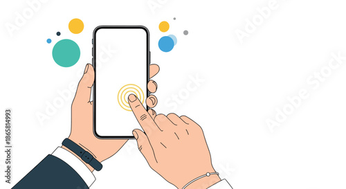 Close up of a person using their finger to touch a smartphone screen with soft colorful circles floating in the background.