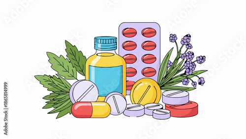 A colorful illustration of medicine bottles, pills, capsules, and medicinal plants