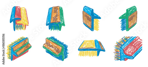 Colorful collection of hand-drawn scrub brushes in a naive art style, featuring eight unique illustrations with bold outlines and vibrant, playful textures for a creative design