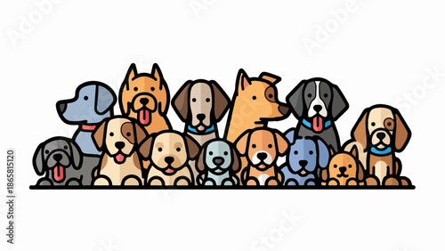 A diverse group of adorable cartoon dogs of various sizes, colors, and breeds