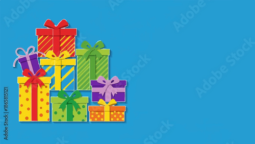 A colorful pile of stacked gift boxes with ribbons on a bright blue background