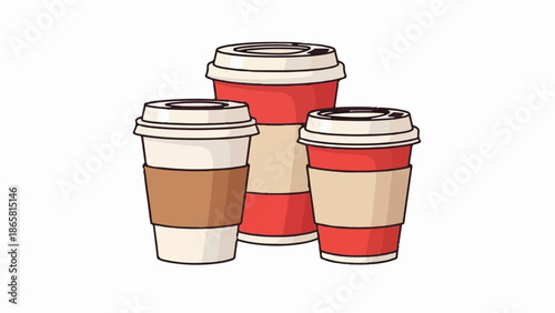Three takeaway coffee cups, two red and one beige, arranged in a cluster on a white background