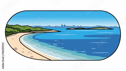 A picturesque coastal scene with a sandy beach, lush green hills, and a distant city skyline across the blue ocean