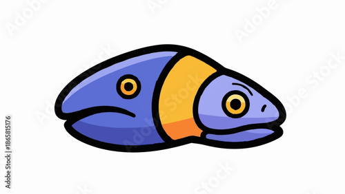 A cartoonish blue and orange fish with large yellow eyes, outlined in black